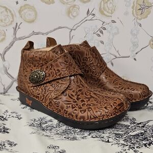 Alegria Brown Floral Embossed Leather Ankle Booties